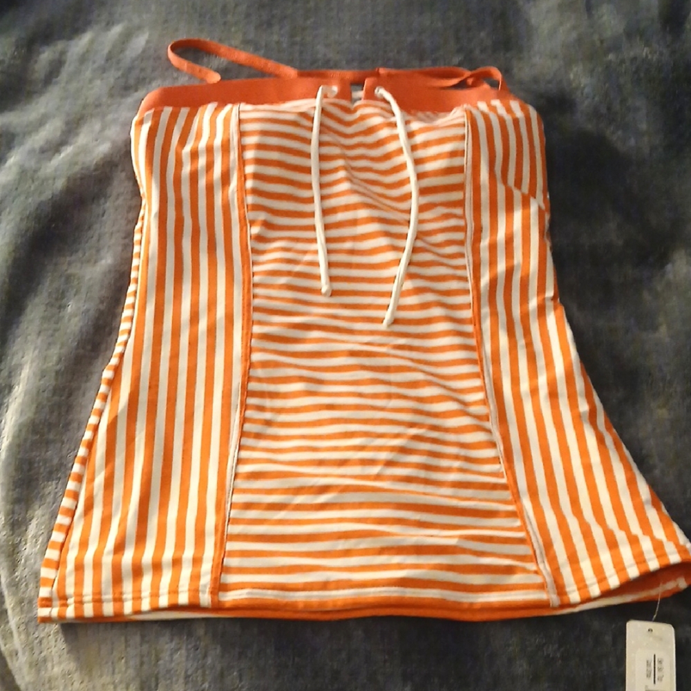 DE COLLECTION Orange and White Striped Halter Style Swim Top Size S NWT